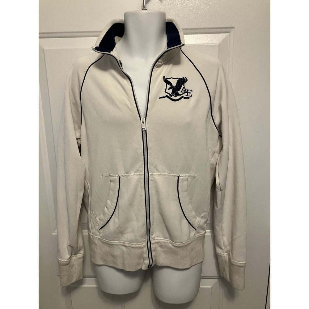 American Eagle Hoodie Shirt Jacket Y2K Men's Medium Ivory Blue Logo Full‎ Zip